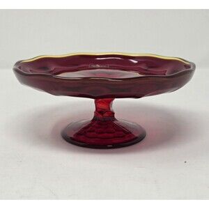 Vintage Viking Glass Red Footed Dish 7" Diameter Amber Rim